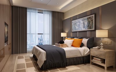 modern bedroom design, stylish interior, gray bedroom, large bed, gray stylish curtains, modern interiors