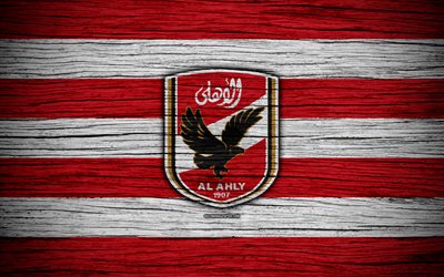 Al Ahly FC, 4k, Egyptian Premier League, logo, soccer, Egypt, Al Ahly, football, wooden texture, FC Al Ahly