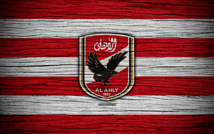 Al Ahly FC, 4k, Egyptian Premier League, logo, soccer, Egypt, Al Ahly, football, wooden texture, FC Al Ahly