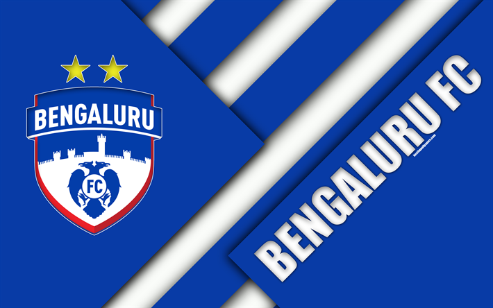 Bengaluru FC, 4k, logo, materiaali suunnittelu, valkoinen sininen abstraktio, intian football club, tunnus, ISL, Indian Super League, Bangalore, Intia, jalkapallo