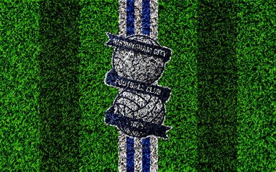 Birmingham City FC, 4k, football de la pelouse, le logo, l&#39;embl&#232;me, le club de football anglais de Football, Championnat de Ligue, bleu, blanc, lignes, texture d&#39;herbe, Birmingham, royaume-Uni, Angleterre, football