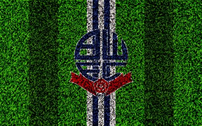 Bolton Wanderers FC, 4k, football lawn, emblem, English football club, logo, Football League Championship, blue white lines, grass texture, Bolton, United Kingdom, England, football