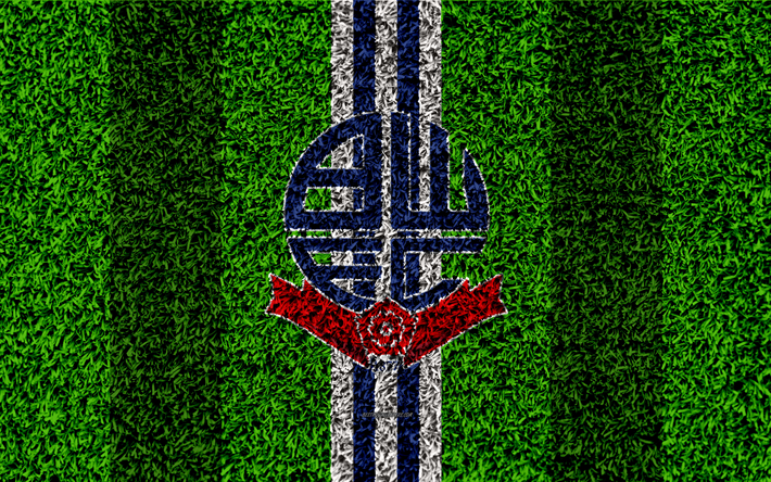 Bolton Wanderers FC, 4k, futebol gramado, emblema, Clube de futebol ingl&#234;s, logo, Liga De Futebol Campeonato, azul linhas brancas, grama textura, Bolton, Reino Unido, Inglaterra, futebol