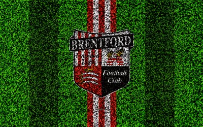 Brentford FC, 4k, football lawn, logo, emblem, English football club, red white lines, Football League Championship, grass texture, Brentford, UK, England, football