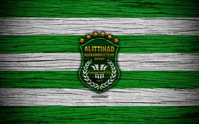 Al-Ittihad Alexandria FC, 4k, Egyptian Premier League, logo, soccer, Egypt, Al-Ittihad Alexandria, football, wooden texture, FC Al-Ittihad Alexandria