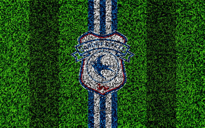 Cardiff City FC, 4k, futebol gramado, logo, emblema, Clube de futebol ingl&#234;s, azul linhas brancas, Liga De Futebol Campeonato, grama textura, Cardiff, Reino UNIDO, futebol