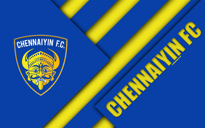 Chennaiyin FC, 4k, logotipo, dise&#241;o de materiales, amarillo, azul abstracci&#243;n, hind&#250; club de f&#250;tbol, el emblema, ISL, Indian Super League, Chennai, India, el f&#250;tbol