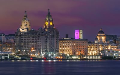 Liverpool, aterro, noturnas, horizonte, Inglaterra, Reino UNIDO