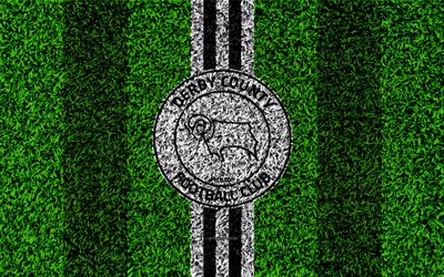 Derby County FC, 4k, football lawn, logo, emblem, English football club, black and white lines, Football League Championship, grass texture, Derby, UK, England, football