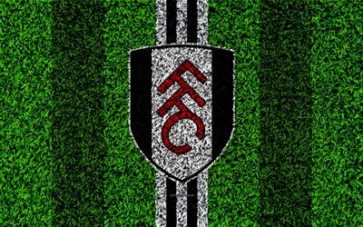 Fulham FC, 4k, football lawn, logo, emblem, English football club, white black lines, Football League Championship, grass texture, Fulham, London, UK, England, football