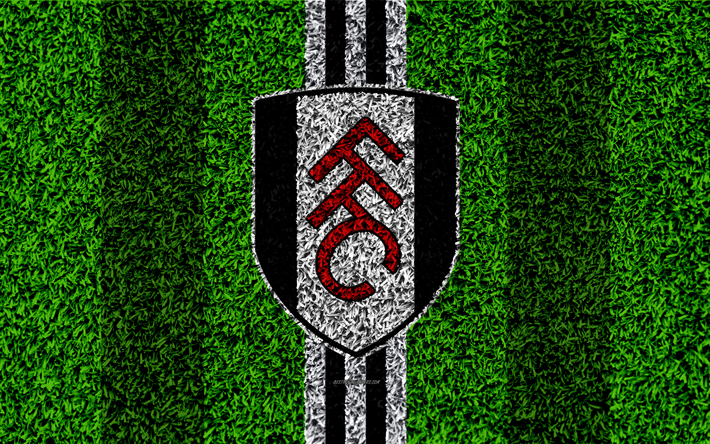 Fulham FC, 4k, كرة القدم العشب, شعار, الإنجليزية لكرة القدم, البيضاء خطوط سوداء, كرة القدم بطولة الدوري, العشب الملمس, فولهام, لندن, المملكة المتحدة, إنجلترا, كرة القدم