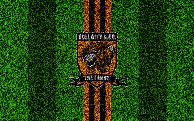 Hull City Tigers, 4k, football lawn, logo, emblem, English football club, yellow black lines, Football League Championship, grass texture, Kingston upon Hull, UK, England, football, Hull City FC
