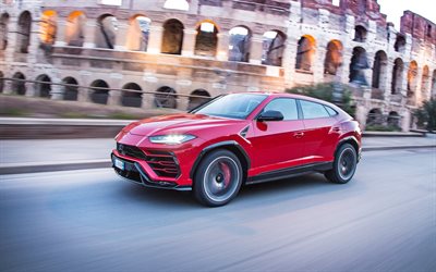 Lamborghini Urus, 2018, red sports SUV, speed, red Urus, Italy, Colosseum, Rome, Lamborghini