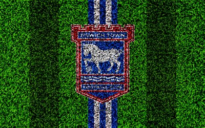 Ipswich Town FC, 4k, jalkapallo nurmikko, logo, tunnus, Englannin football club, sininen punainen linjat, Football League Championship, ruohon rakenne, Ipswich, UK, Englanti, jalkapallo