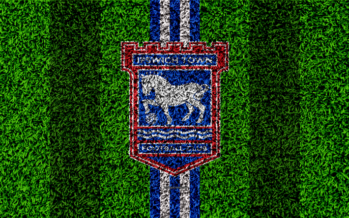 O Ipswich Town FC, 4k, futebol gramado, logo, emblema, Clube de futebol ingl&#234;s, azul linhas vermelhas, Liga De Futebol Campeonato, grama textura, Ipswich, Reino UNIDO, Inglaterra, futebol