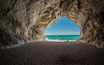 beautiful grotto, seascape, Mediterranean Sea, coast, cliff, white yacht, Italy, artificial cave