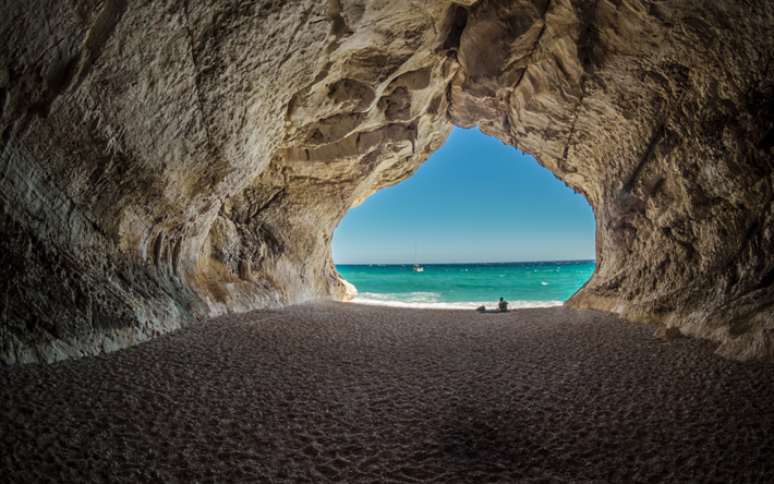 bela gruta, marinha, Mar Mediterr&#226;neo, costa, penhasco, branco iate, It&#225;lia, caverna artificial