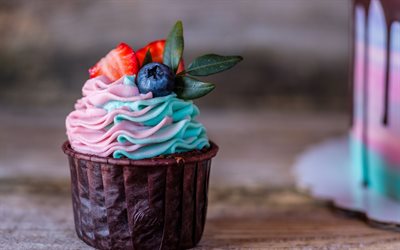 カップケーキ, ピンク色の青色クリーム, パティシエ, デザート, 甘い, ケーキ