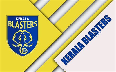 Kerala Blasters FC, 4k, logotipo, dise&#241;o de materiales, amarillo, blanco abstracci&#243;n, hind&#250; club de f&#250;tbol, el emblema, ISL, Indian Super League, Kerala, India, el f&#250;tbol