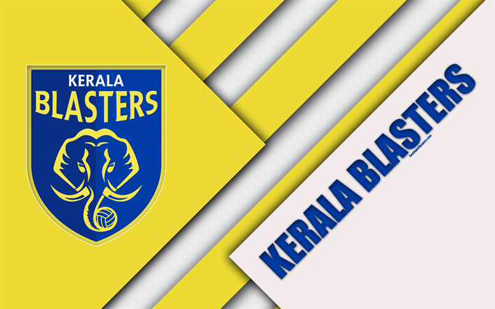 Kerala Blasters FC, 4k, logo, materiaali suunnittelu, keltainen valkoinen abstraktio, intian football club, tunnus, ISL, Indian Super League, Kerala, Intia, jalkapallo
