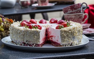 cheesecake, efterr&#228;tt, b&#228;r, jordgubbar, kakor, frukt cheesecakes