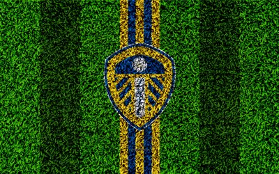 Leeds United FC, 4k, jalkapallo nurmikko, logo, tunnus, Englannin football club, keltainen sininen linjat, Football League Championship, ruohon rakenne, Leeds, Yhdistynyt Kuningaskunta, Englanti, jalkapallo