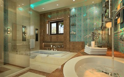 バスルームにデザイン, デザイナーズシェアハウス, 茶色の青色浴室, モダンなインテリアデザイン
