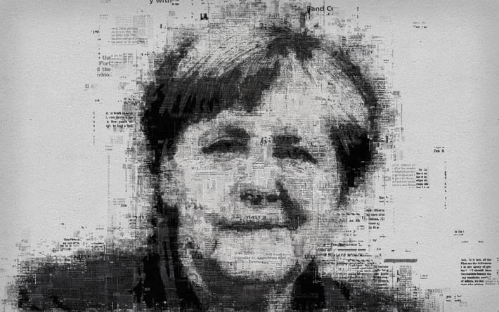 Almanya Angela Merkel, 4k, y&#252;z, portre, gazete, sanat, tipografi, baskı, yaratıcı sanat portre, Şans&#246;lye