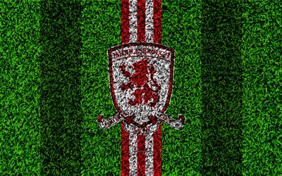 Middlesbrough FC, 4k, football lawn, logo, emblem, English football club, red white lines, Football League Championship, grass texture, Middlesbrough, UK, England, football