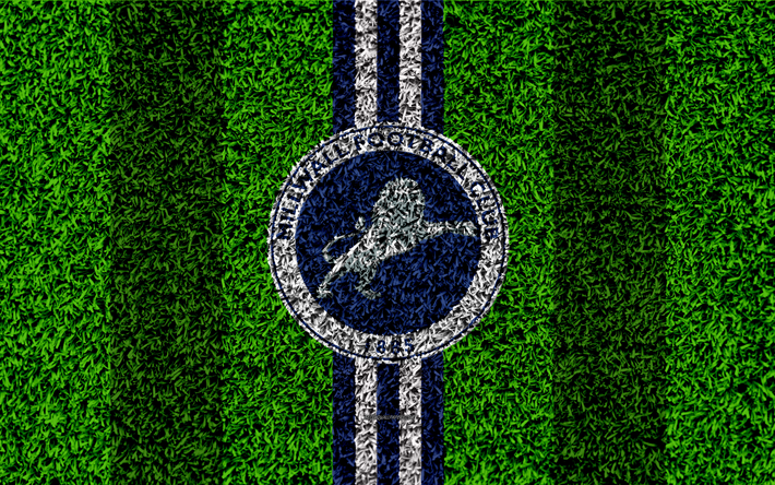 Millwall FC, 4k, jalkapallo nurmikko, logo, tunnus, Englannin football club, blue white lines, Football League Championship, ruohon rakenne, Millwall, Lontoo, UK, Englanti, jalkapallo