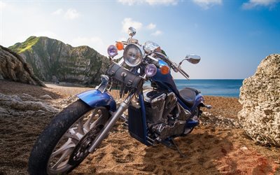 chopper, luxury blue motorcycles, travel by motorcycle, Harley Davidson, coast, sea, summer