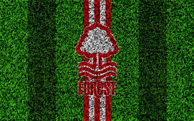 Nottingham Forest FC, 4k, football lawn, logo, emblem, English football club, red white lines, Football League Championship, grass texture, Nottingham, UK, England, football