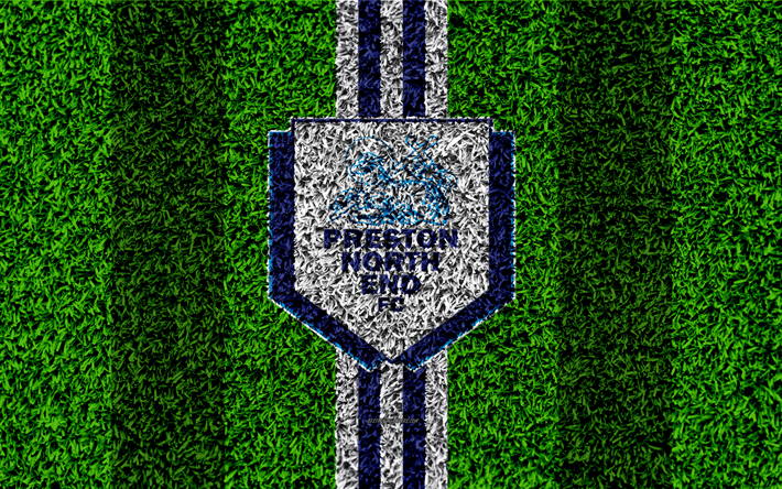 Preston North End FC, 4k, futebol gramado, logo, emblema, Clube de futebol ingl&#234;s, azul linhas brancas, Liga De Futebol Campeonato, grama textura, Preston, Reino UNIDO, Inglaterra, futebol