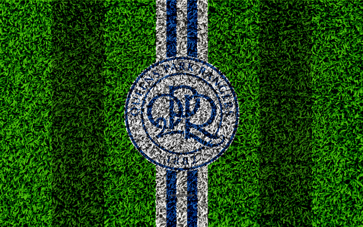 QPR FC, Queens Park Rangers, 4k, jalkapallo nurmikko, logo, tunnus, Englannin football club, blue white lines, Football League Championship, ruohon rakenne, Hammersmith, UK, Englanti, jalkapallo