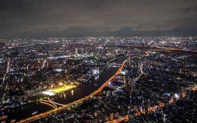 Sumida, Tokyo, 4k, moderna byggnader, panorama, natt, Japan, Asien