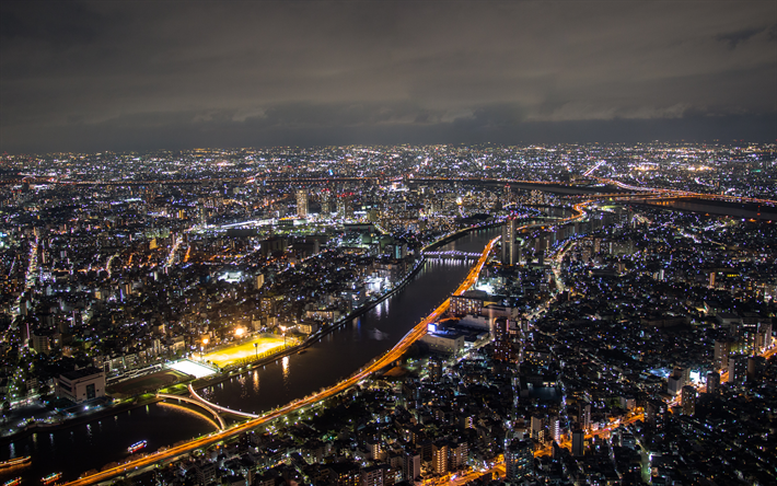 سوميدا, طوكيو, 4k, المباني الحديثة, بانوراما, nightscapes, اليابان, آسيا