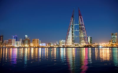 Manama, Huvudstaden i Bahrain, skyskrapor, Bahrain World Trade Center, natt, stadsbilden, Persiska Viken, Bahrain