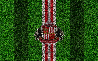 Sunderland FC, 4k, football lawn, logo, emblem, English football club, red white lines, Football League Championship, grass texture, Tyne and Wear, United Kingdom, England, football