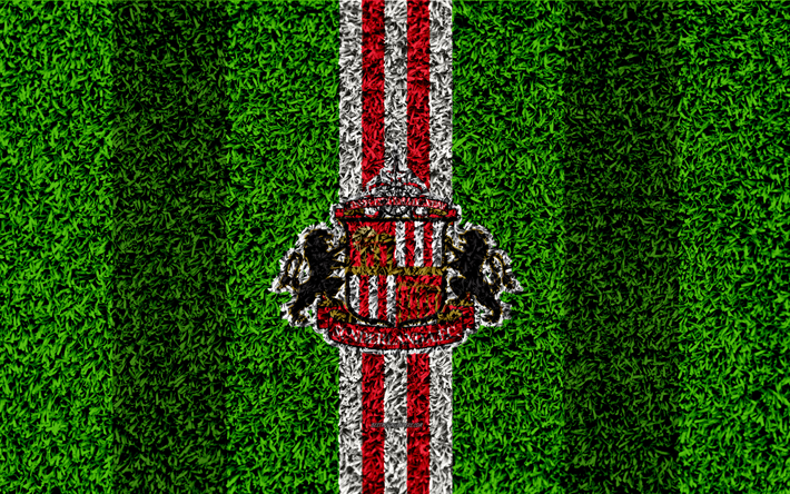 Sunderland FC, 4k, jalkapallo nurmikko, logo, tunnus, Englannin football club, punainen valkoinen linjat, Football League Championship, ruohon rakenne, Tyne and Wear, Yhdistynyt Kuningaskunta, Englanti, jalkapallo
