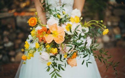 wedding bouquet, wild flowers, bride, bouquet in hands, white wedding dress