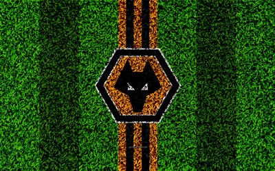 Wolverhampton Wanderers FC, 4k, jalkapallo nurmikko, logo, tunnus, Englannin football club, oranssi musta linjat, Football League Championship, ruohon rakenne, Wolverhampton, UK, Englanti, jalkapallo, Sudet FC
