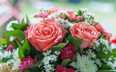 pink roses, wedding bouquet, beautiful flowers, purple roses