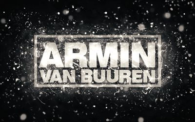 Logotipo blanco de Armin van Buuren, 4k, DJs holandeses, luces de ne&#243;n blanco, fondo abstracto creativo, blanco, logotipo de Armin van Buuren, estrellas de la m&#250;sica, Armin van Buuren