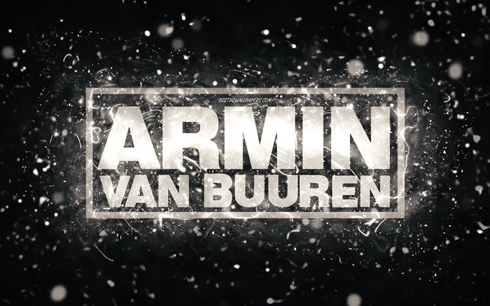 Armin van Buuren logo bianco, 4k, DJ olandesi, luci al neon bianche, creativo, sfondo astratto bianco, logo Armin van Buuren, stelle della musica, Armin van Buuren