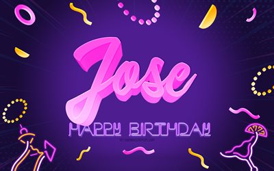 Happy Birthday Jose, 4k, Purple Party Background, Jose, creative art, Happy Jose birthday, Jose name, Jose Birthday, Birthday Party Background