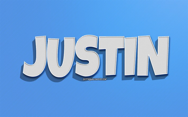 Justin, blue lines background, wallpapers with names, Justin name, male names, Justin greeting card, line art, picture with Justin name