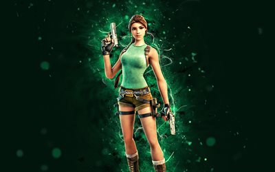 25th Anniversary Variant Lara Croft, 4k, green neon lights, Fortnite Battle Royale, Fortnite characters, 25th Anniversary Variant Lara Croft Skin, Fortnite, 25th Anniversary Variant Lara Croft Fortnite