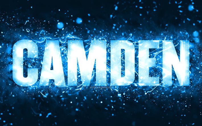 Joyeux anniversaire Camden, 4k, n&#233;ons bleus, nom Camden, cr&#233;atif, Camden Happy Birthday, Camden Birthday, noms masculins am&#233;ricains populaires, image avec le nom de Camden, Camden