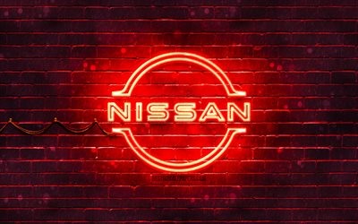 Nissan red logo, 4k, red brickwall, Nissan logo, cars brands, Nissan neon logo, Nissan