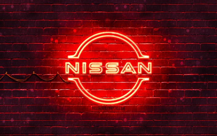 Nissan red logo, 4k, red brickwall, Nissan logo, cars brands, Nissan neon logo, Nissan